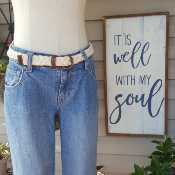 VINTAGE ♡ Sweet Cream Cotton Braided Belt w/Brown Trim 'n Bronze Hardware S/M - Picture 4 of 10